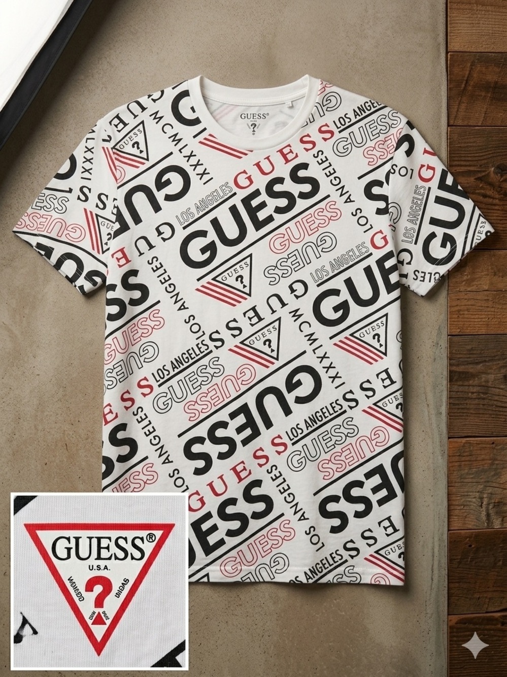 🌸GUESS  Vintage Retro Los Angeles men’s all-over print t-shirt. Size large Rare